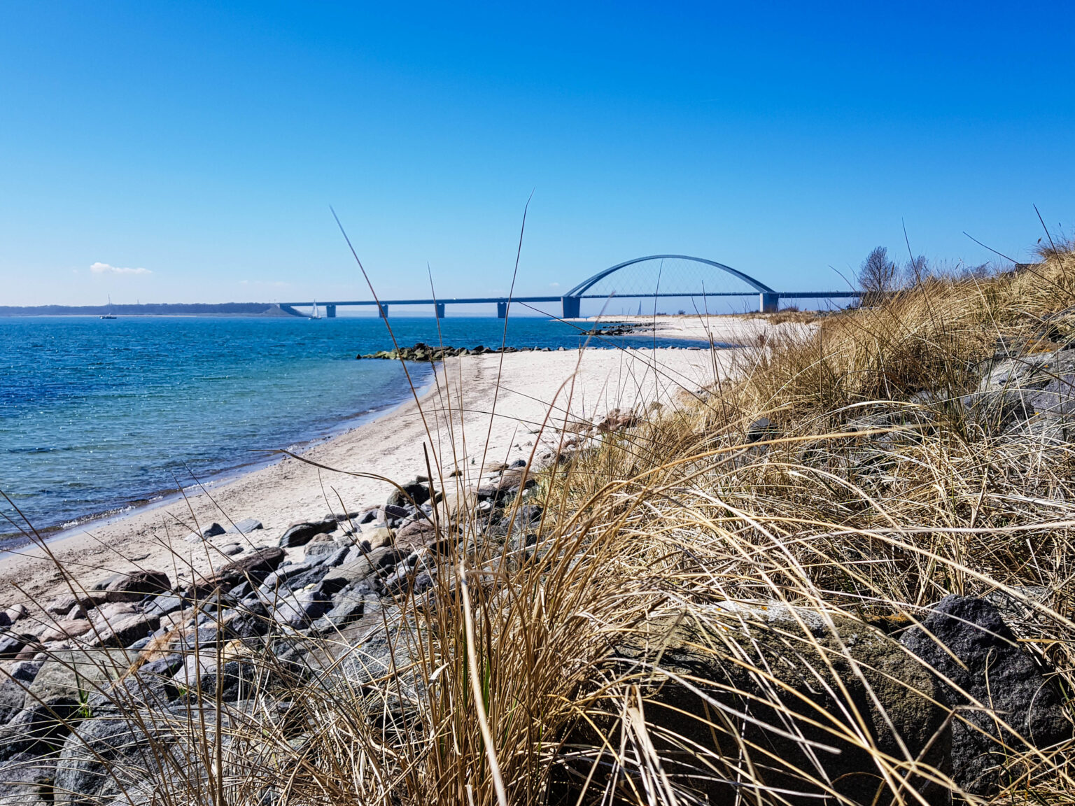 Strand mit Blick auf die Fehmarnsundbrücke